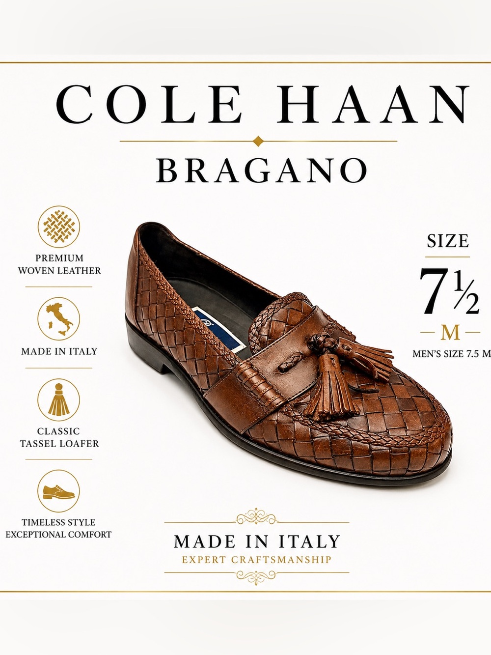 Cole Haan Bragano Brown Woven Leather Tassel Loafers Men’s Size 7.5 M Italy